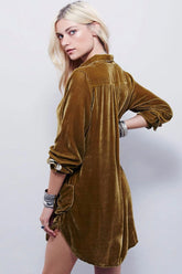 Vintage Samt Minikleid mit Kragen und V-Ausschnitt und langen Ärmeln - Khaki